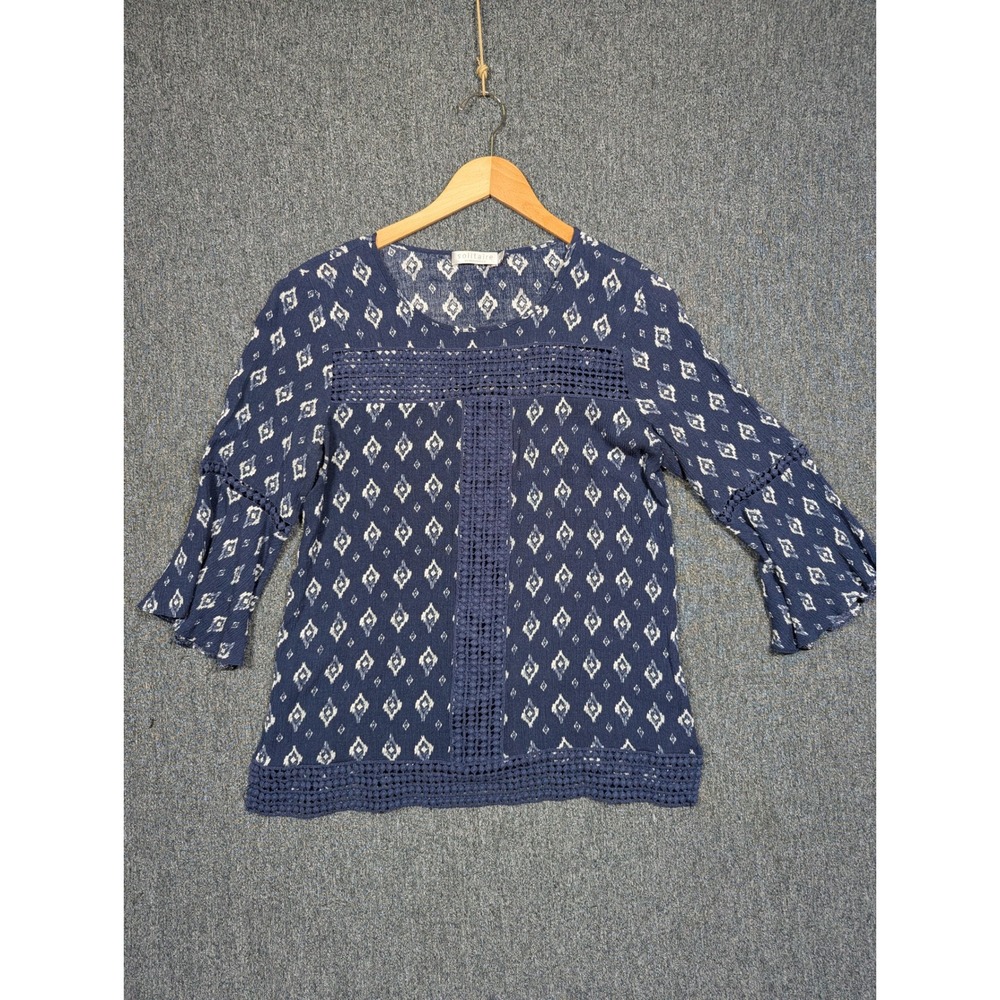 Solitaire by Ravi Khosla Navy Ikat Diamond Crochet Lace Bell Sleeve Top Medium